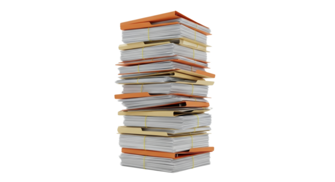 Overwhelming Workload: Cinematic Slow Tilt Up a Tall Stack of Paperwork and Files on a White Background. clipping path