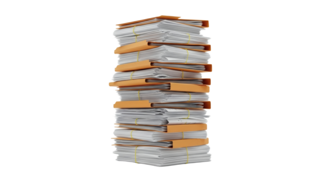 Overwhelming Workload: Cinematic Slow Tilt Up a Tall Stack of Paperwork and Files on a White Background. clipping path