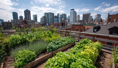 Fototapeta premium Urban rooftop garden overlooking city