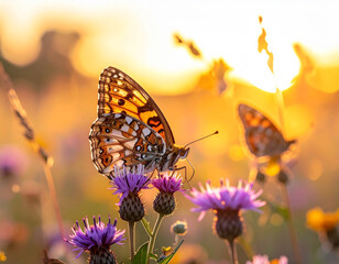 Obraz premium Butterflies feeding on purple thistle flowers