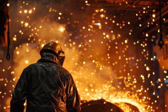 Industrial worker observing molten metal in steel mill with sparks flying
