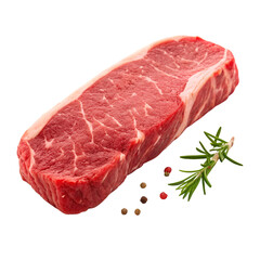 Raw beef strip steak with rosemary and peppercorns on black background meat uncooked