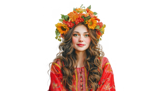 Woman in red with a flower crown, created with AI, PNG