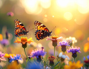 Butterflies on wildflowers in sunlight
