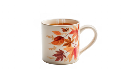 A steaming mug rests amid autumn leaves, created AI, PNG