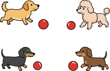 Cartoon dogs with red balls, playful pets, Golden Retriever, Poodle, Dachshund, cute animals, fun, fetch, domestic canine, breed illustration, character art