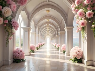 Elegant Archway Adorned with Pink Roses Leading to a Bright Light