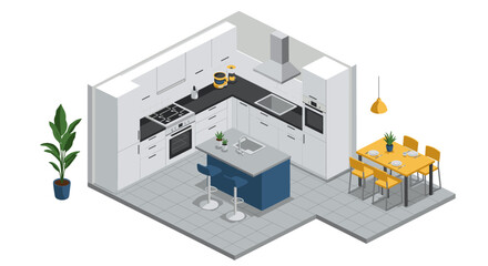 Modern isometric kitchen design with dining area and contemporary furniture