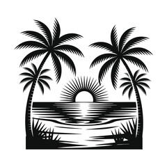 Fototapeta premium Summer Sunset Landscape Vector with Palm Tree Silhouettes