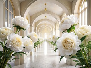 Elegant Hallway with White Peonies in Vases Leading to Bright Light