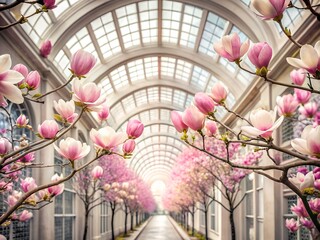 Magnolia Blossoms in a Grand Architectural Setting with an Arched Glass Ceiling