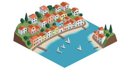 Charming isometric coastal village with boats and colorful houses