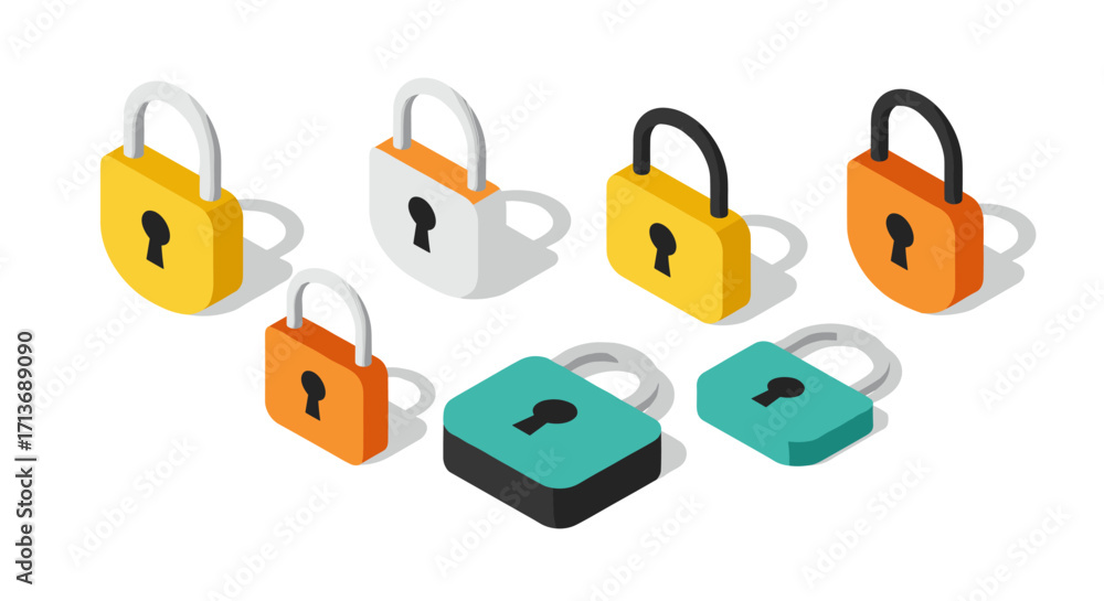 Poster colorful isometric padlocks and keys: secure your space with modern 3d design styles