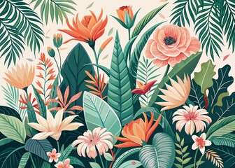 Vibrant tropical floral arrangement with lush foliage and colorful blossoms illustration