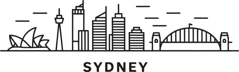Naklejka premium Sydney Skyline Outline Vector Illustration Opera House Harbour Bridge Cityscape Silhouette