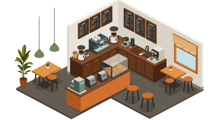 Cozy coffee shop interior in isometric design with modern equipment and pastry display