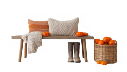 Cozy bench with pillows and pumpkins exudes fall, created AI, PNG