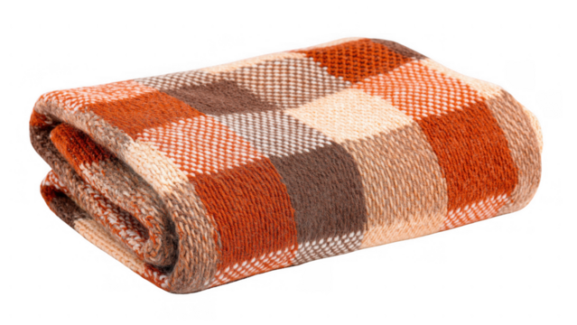 Plaid blanket in warm orange and brown shades, created AI, PNG