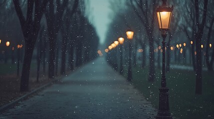 Snow falling along festive evening street glowing Christmas lamps cinematic warm tones captured with 85mm f1.8 lens cozy mood