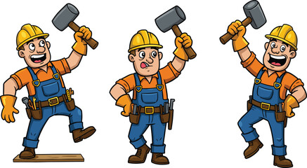 Cartoon construction workers with hammers, builders in safety gear, hard hats, tool belts, labor, teamwork, repair, maintenance, industry, engineering, occupation
