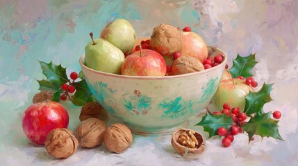 Colorful bowl filled with fresh apples, walnuts, and holly leaves, creating warm and festive atmosphere perfect for holiday season