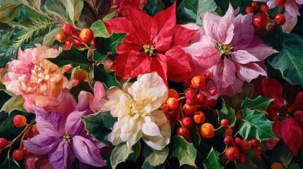 Beautiful floral arrangement featuring vibrant poinsettias and holly berries, creating festive atmosphere perfect for holiday season. rich colors evoke warmth and joy