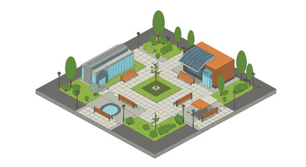 Charming isometric city park with benches, greenery, and modern buildings