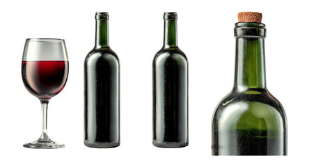 Isolated Green Wine Bottles and Glass of Red Wine on Transparent Background