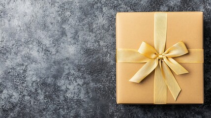 Neatly wrapped holiday box with ribbon bow tying cinematic cozy tones photographed with 100mm macro lens crisp clarity