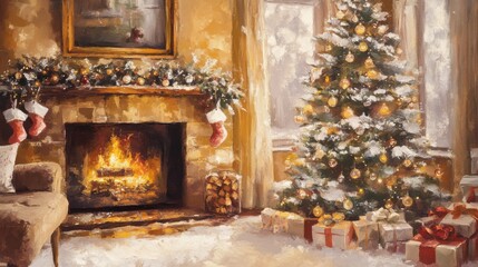 Cozy Christmas scene featuring beautifully decorated tree adorned with ornaments and lights, warm fireplace with stockings hung, and presents neatly arranged. atmosphere evokes sense of holiday