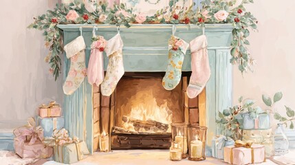 Cozy fireplace adorned with colorful Christmas stockings, surrounded by beautifully wrapped gifts and soft candlelight, creating warm holiday atmosphere