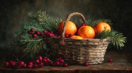 Beautiful still life featuring woven basket filled with vibrant oranges and red berries, surrounded by lush green pine branches, evoking warm, festive atmosphere