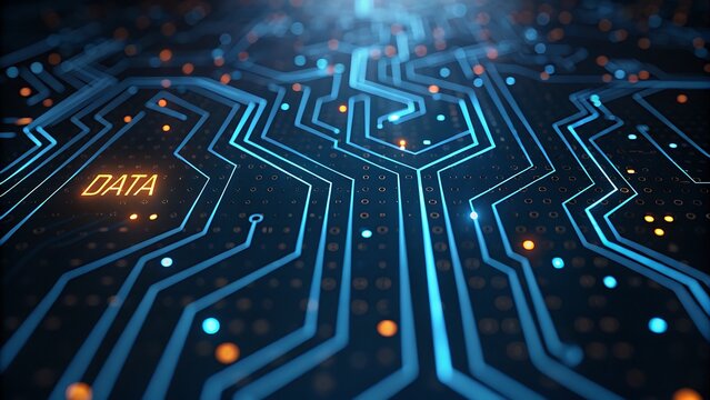 Abstract glowing blue circuit board with data stream