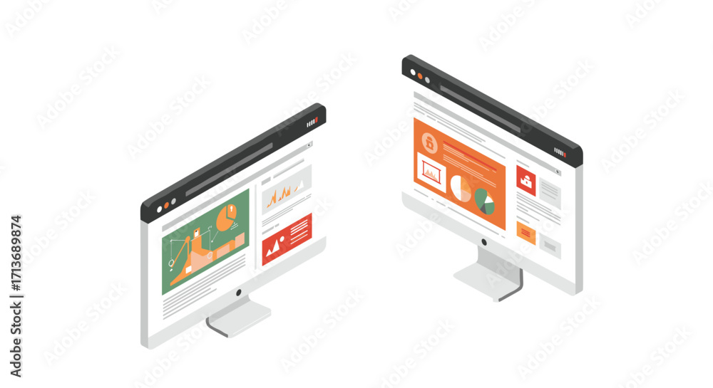 Aufkleber isometric computer screens displaying data and analytics in modern web design