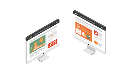 Isometric computer screens displaying data and analytics in modern web design