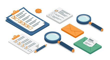 Isometric office essentials: checklists, magnifiers, envelopes, and more