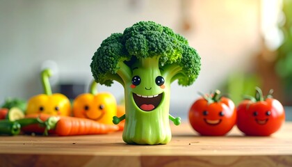 Cute broccoli character on a kitchen table with other friendly vegetables