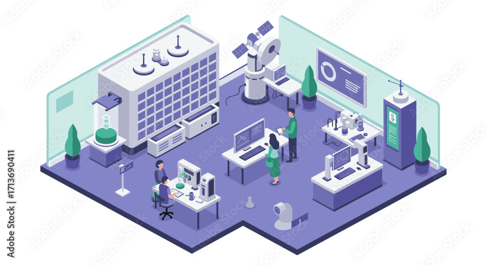 Poster futuristic laboratory with scientists and advanced equipment in isometric view