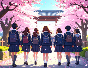 Anime-style illustration of a cherry blossom tunnel, petals floating in the air, students walking through in neat uniforms
