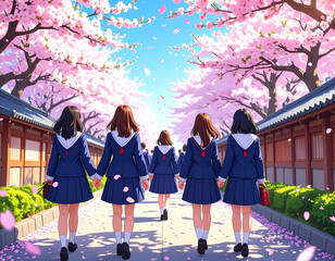 Anime-style illustration of a cherry blossom tunnel, petals floating in the air, students walking through in neat uniforms
