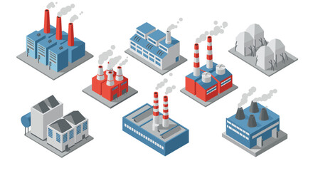 Fototapeta premium Isometric industrial factories with chimneys emitting smoke