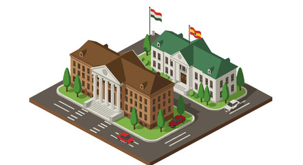 Isometric government buildings with flags and cars on city street