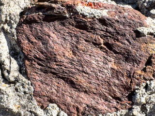 Close-up of weathered red rock embedded in gray stone