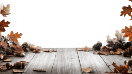 Vibrant autumn leaves and pine cones on wooden table, created AI, PNG