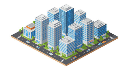Isometric cityscape with modern skyscrapers and streets