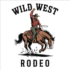 Wild West Cowboy Riding Bucking Horse Rodeo Vintage Western Illustration