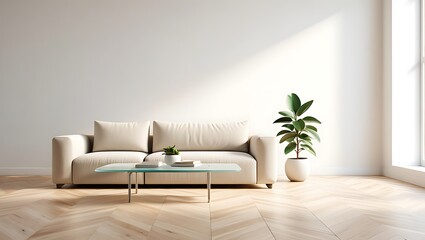 Modern living room with beige sofa and glass coffee table bathed in sunlight