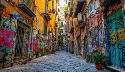 Naklejka premium Narrow alleyway, vibrant graffiti