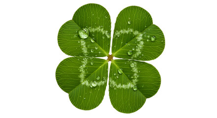 Lucky Four Leaf Clover with Water Droplets on Black Background