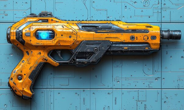 A futuristic, yellow, and dark gun on a blue, patterned surface